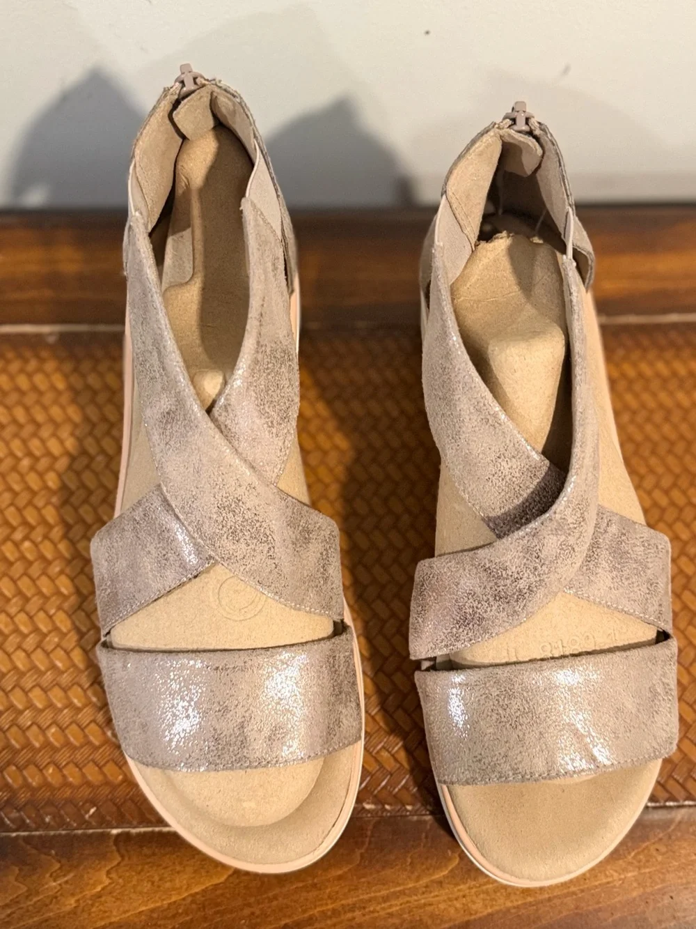 Clarks Shimmery Taupe Cross-Strap Wedge Sandals